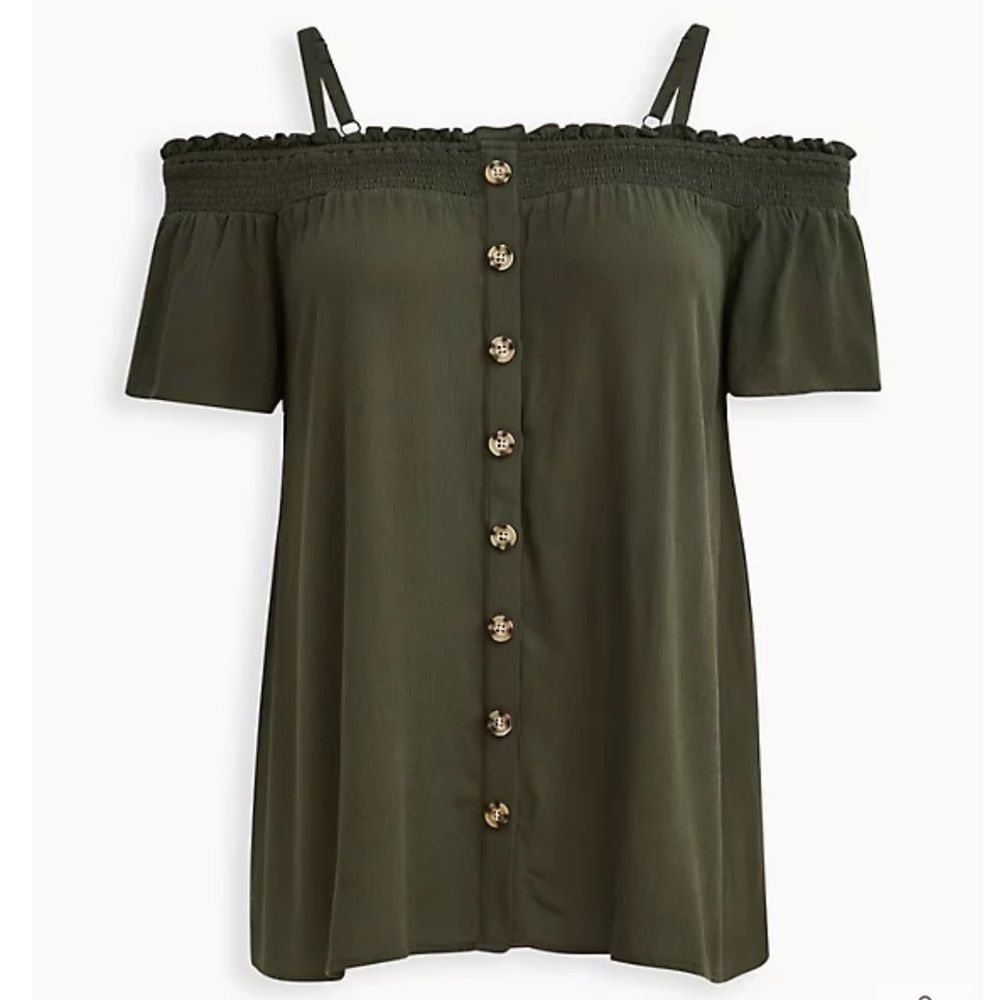 TORRID SMOCKED COLD-SHOULDER BLOUSE - GAUZE OLIVE